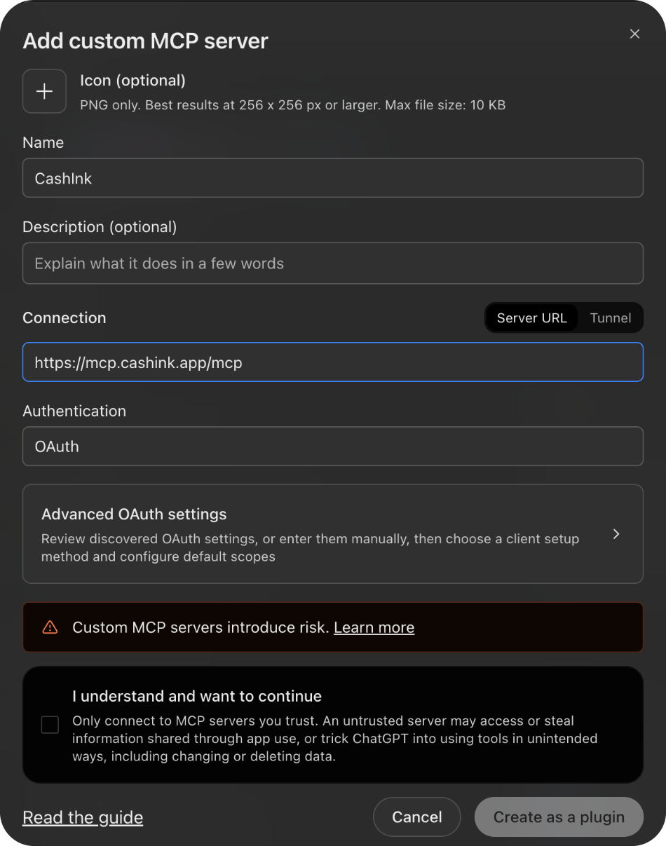 The ChatGPT custom MCP server form filled in with the name CashInk and the CashInk server URL