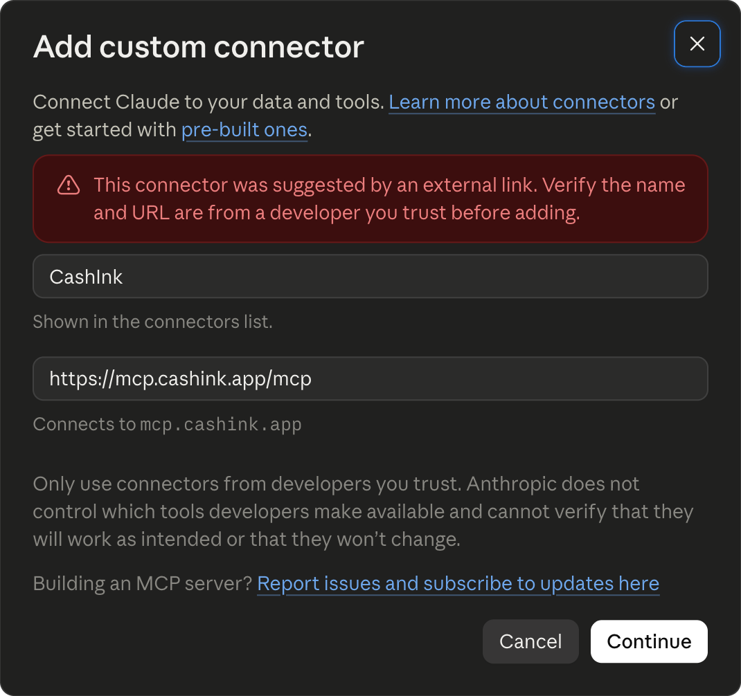 Claude's Add custom connector dialog with the name CashInk and the address mcp.cashink.app filled in